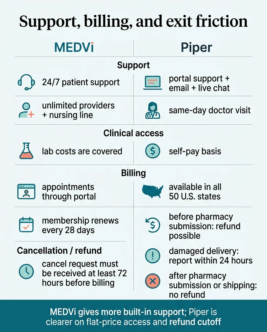 Support, billing, and exit friction comparison between MEDVi and Piper: MEDVi offers 24/7 patient support, unlimited providers and nursing line, covered lab costs, portal appointments, and 72-hour cancel window. Piper offers portal, email, and live chat support, same-day doctor visit, self-pay labs, all 50 states, and refund before pharmacy submission.