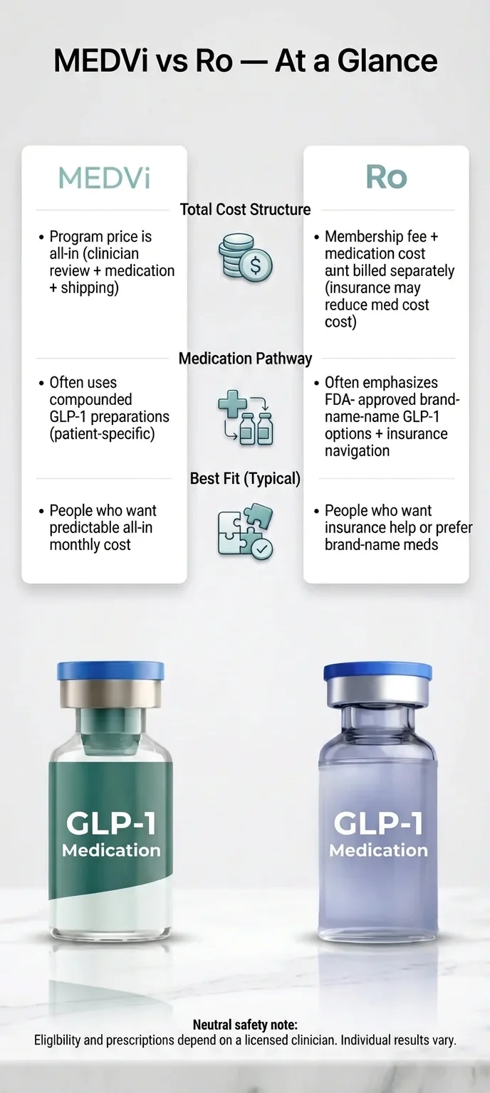 MEDVi vs Ro at a glance comparison infographic showing key differences between both GLP-1 programs