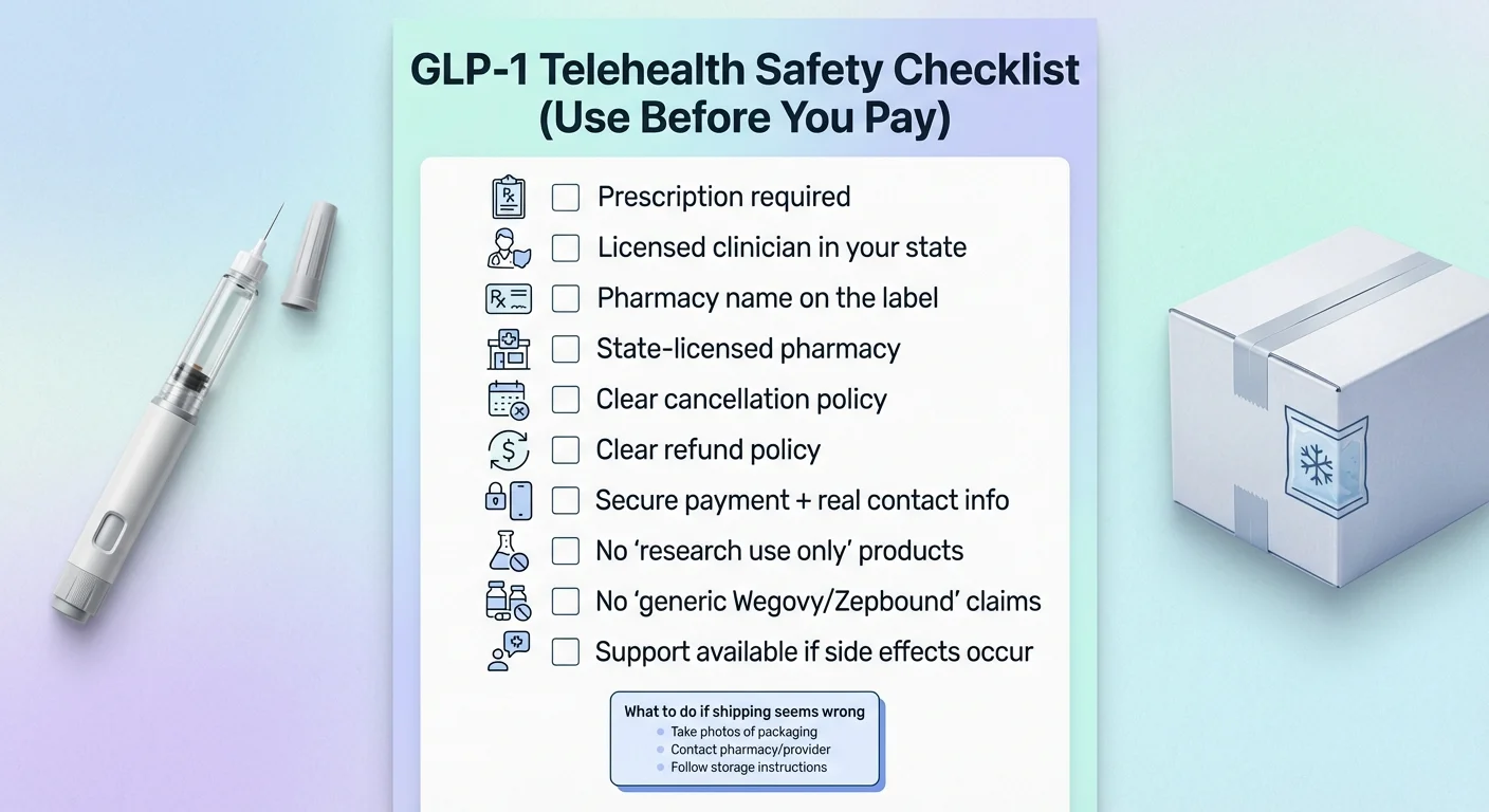 MEDVi vs Ro safety checklist showing GLP-1 medication side effects and safety considerations