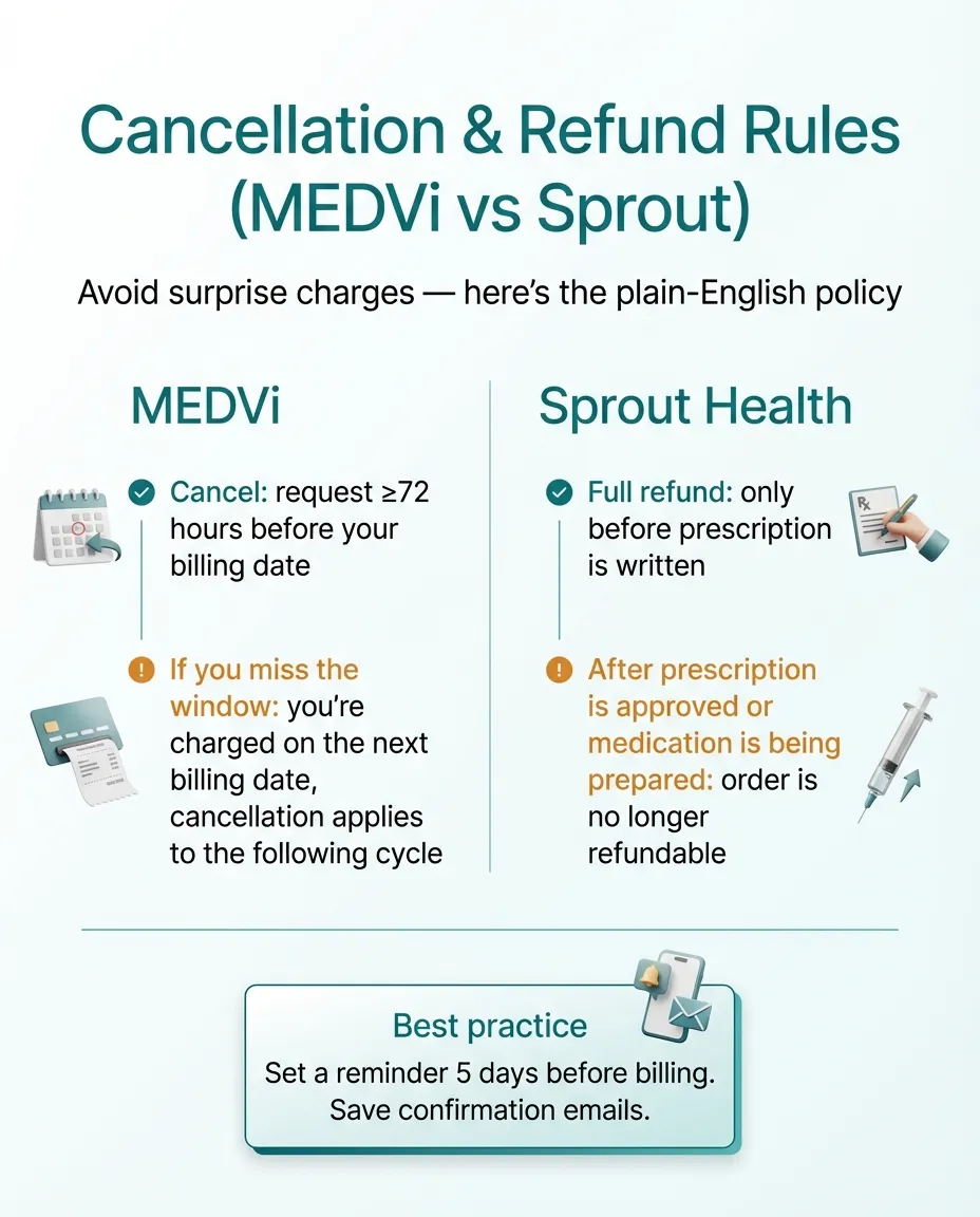 MEDVi vs Sprout Health cancellation and refund rules comparison showing plain-English policy for both providers including timing windows and best practices