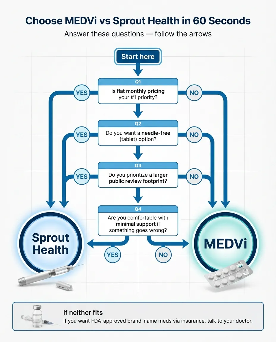 MEDVi vs Sprout Health decision flowchart helping users choose between flat pricing, needle-free options, review footprint, and support quality