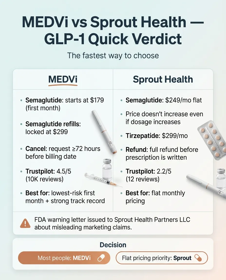 MEDVi vs Sprout Health GLP-1 quick verdict infographic comparing semaglutide pricing, Trustpilot ratings, cancellation policies, and best use cases