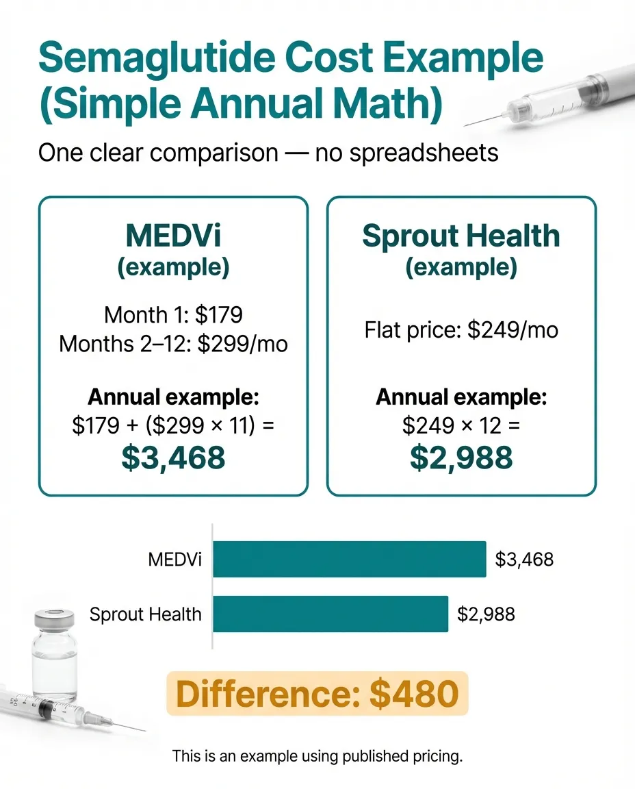 MEDVi vs Sprout Health semaglutide annual cost comparison showing MEDVi at $3,468 per year and Sprout at $2,988 per year with a $480 difference