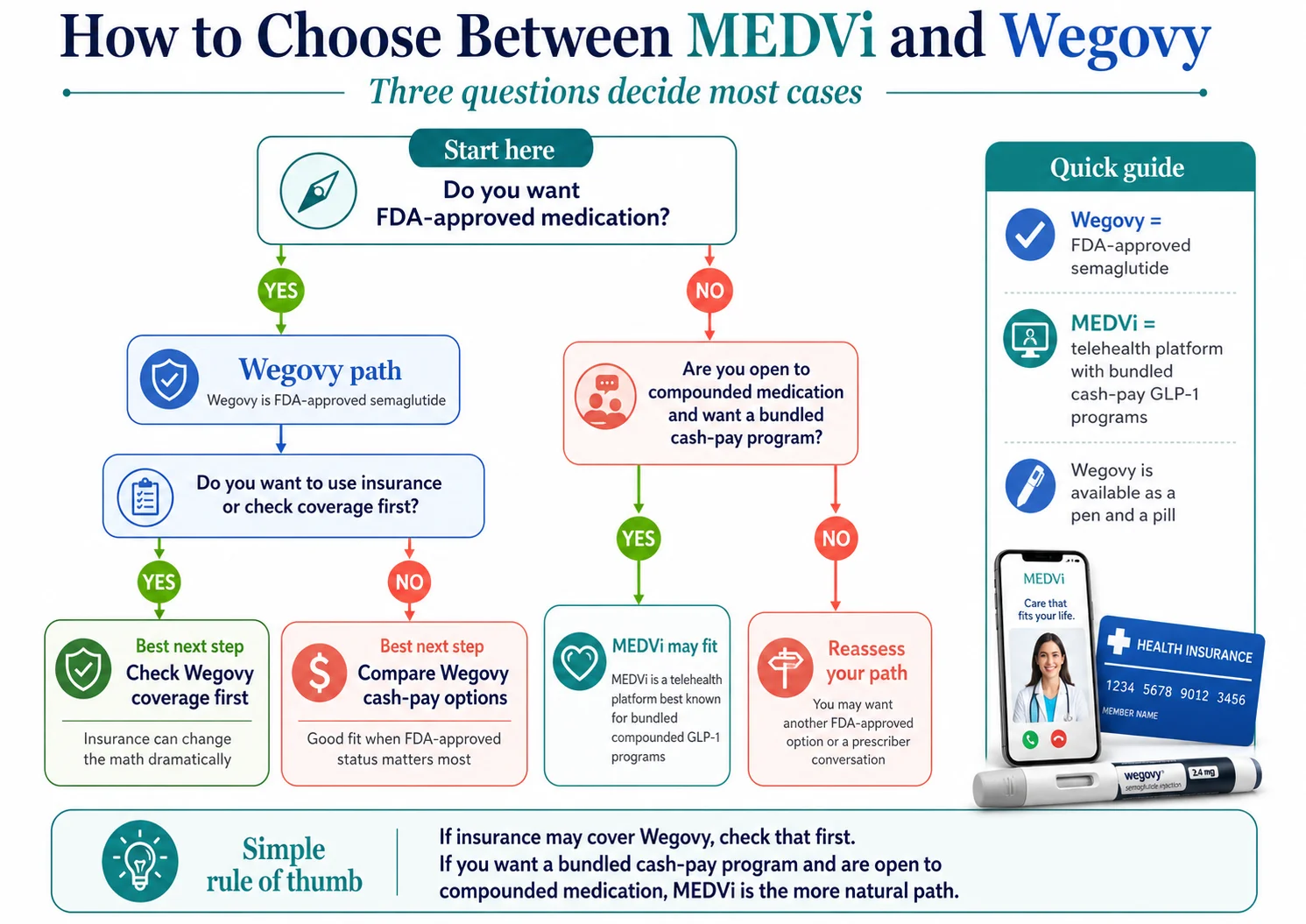How to choose between MEDVi and Wegovy flowchart 2026. Start: Do you want FDA-approved medication? Yes → Wegovy path (Wegovy is FDA-approved semaglutide). Do you want to use insurance? Yes → Best next step: Check Wegovy coverage first (insurance can change the math dramatically). No → Best next step: Compare Wegovy cash-pay options (good fit when FDA-approved status matters most). No → Are you open to compounded medication and want a bundled cash-pay program? Yes → MEDVi may fit (telehealth platform best known for bundled compounded GLP-1 programs). No → Reassess your path (you may want another FDA-approved option or a prescriber conversation). Quick guide: Wegovy equals FDA-approved semaglutide. MEDVi equals telehealth platform with bundled cash-pay GLP-1 programs. Wegovy is available as a pen and a pill. Simple rule of thumb: If insurance may cover Wegovy, check that first. If you want a bundled cash-pay program and are open to compounded medication, MEDVi is the more natural path.