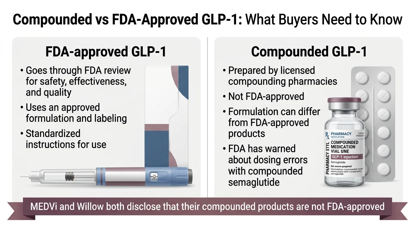 Compounded vs FDA-Approved GLP-1: What Buyers Need to Know — FDA-approved GLP-1 goes through FDA review for safety effectiveness and quality, uses an approved formulation and labeling, standardized instructions for use. Compounded GLP-1 is prepared by licensed compounding pharmacies, not FDA-approved, formulation can differ from FDA-approved products, FDA has warned about dosing errors with compounded semaglutide. MEDVi and Willow both disclose that their compounded products are not FDA-approved.