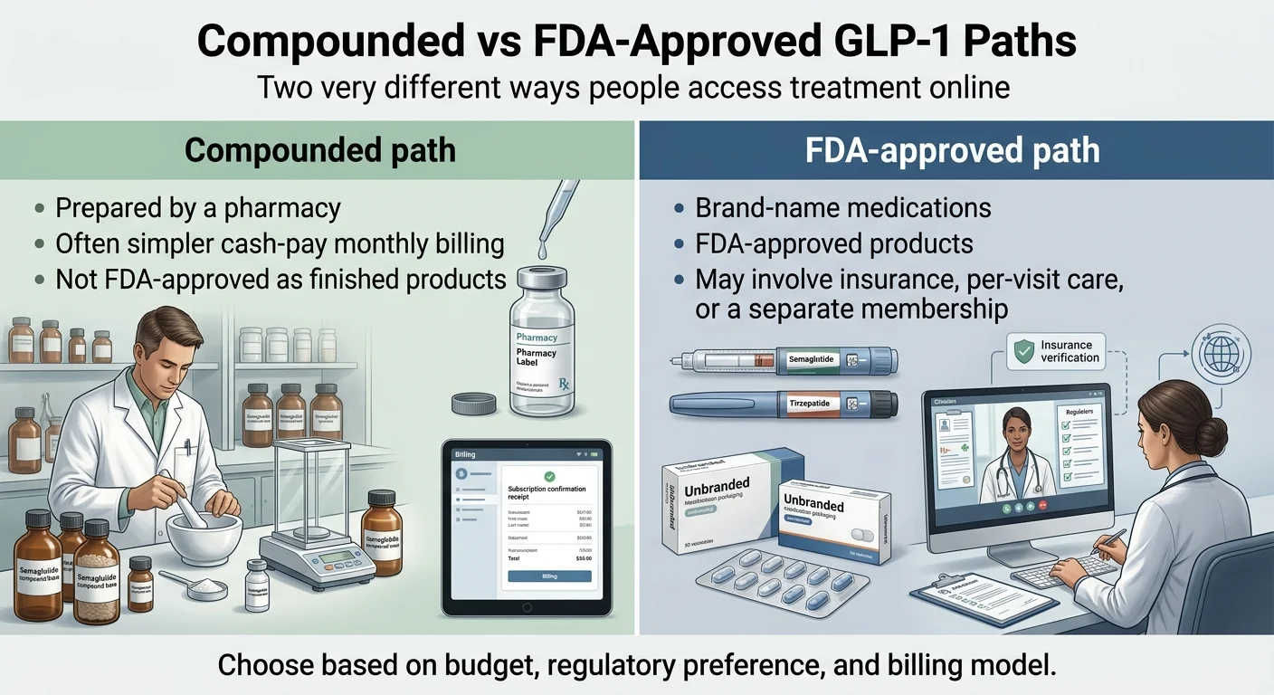 Compounded vs FDA-Approved GLP-1 Paths — two very different ways people access treatment online. Compounded path: prepared by a pharmacy, often simpler cash-pay monthly billing, not FDA-approved as finished products. FDA-approved path: brand-name medications, FDA-approved products, may involve insurance, per-visit care, or a separate membership. Choose based on budget, regulatory preference, and billing model.
