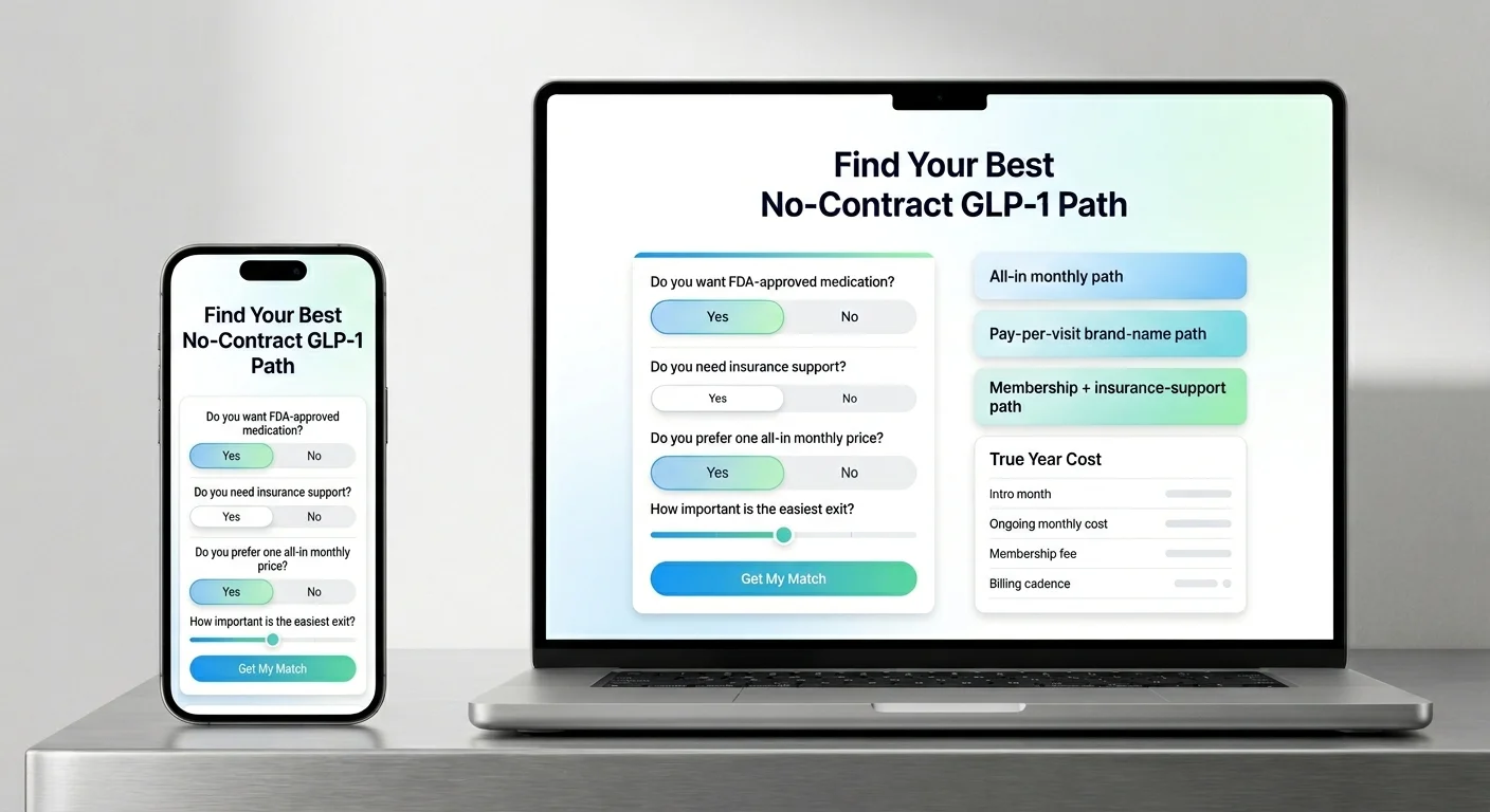 Find Your Best No-Contract GLP-1 Path — interactive quiz showing questions: Do you want FDA-approved medication? Do you need insurance support? Do you prefer one all-in monthly price? How important is the easiest exit? Results show all-in monthly path, pay-per-visit brand-name path, or membership plus insurance-support path with true year cost breakdown.