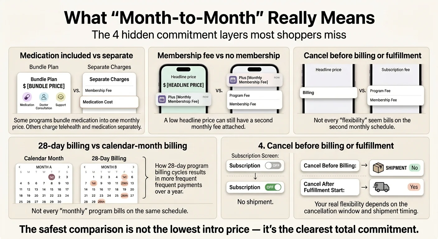What month-to-month really means for GLP-1 programs — the 4 hidden commitment layers most shoppers miss. Medication included vs separate: some programs bundle medication into one monthly price while others charge telehealth and medication separately. Membership fee vs no membership: a low headline price can still have a second monthly fee attached. Cancel before billing or fulfillment: not every flexibility claim bills on the second monthly schedule. 28-day billing vs calendar-month billing: how 28-day program billing cycles result in more frequent payments over a year. The safest comparison is not the lowest intro price — it is the clearest total commitment.