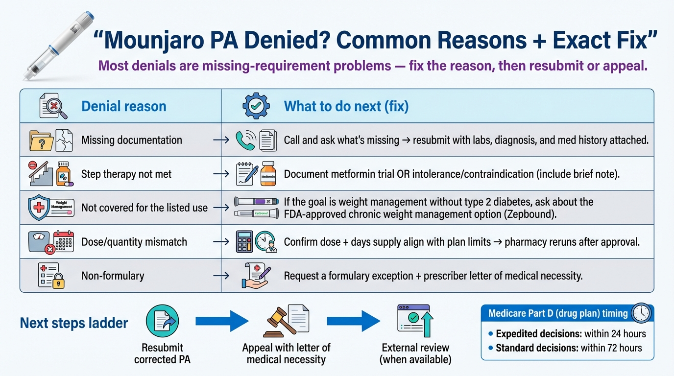 Mounjaro PA denied - common denial reasons and exact fixes including missing documentation, step therapy, off-label use, and dose mismatch