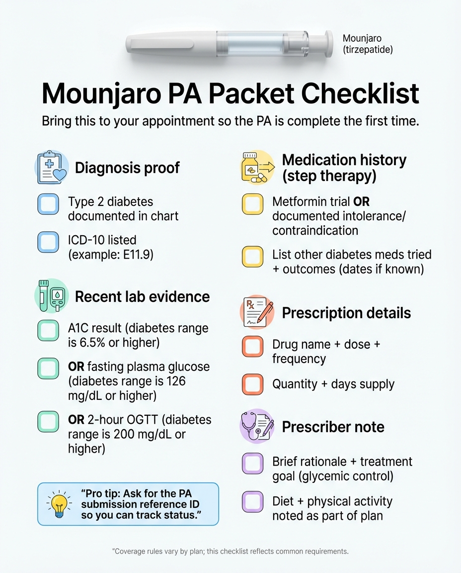 Mounjaro PA readiness checklist - diagnosis proof, lab evidence, medication history, prescription details, and prescriber notes