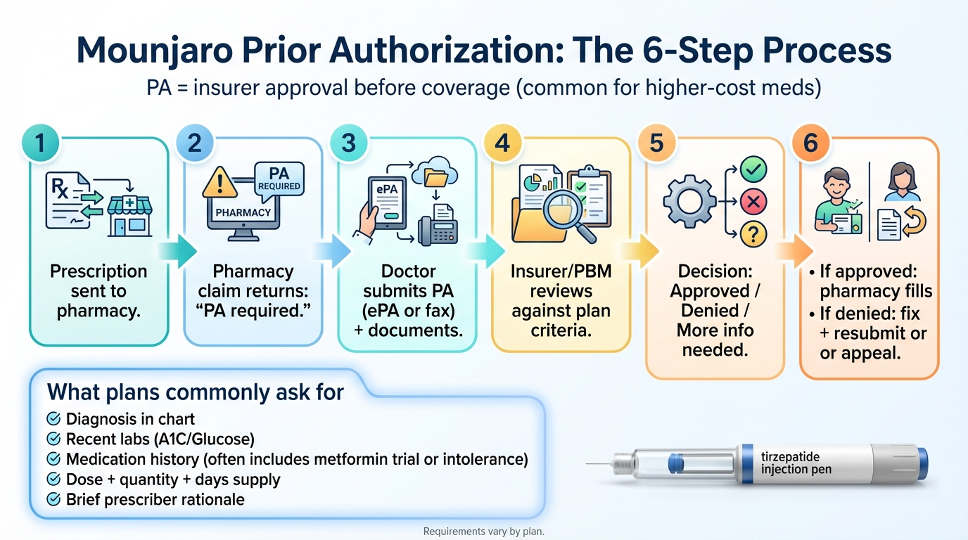 Mounjaro prior authorization 6-step process flowchart - from prescription to pharmacy fill with common PA requirements