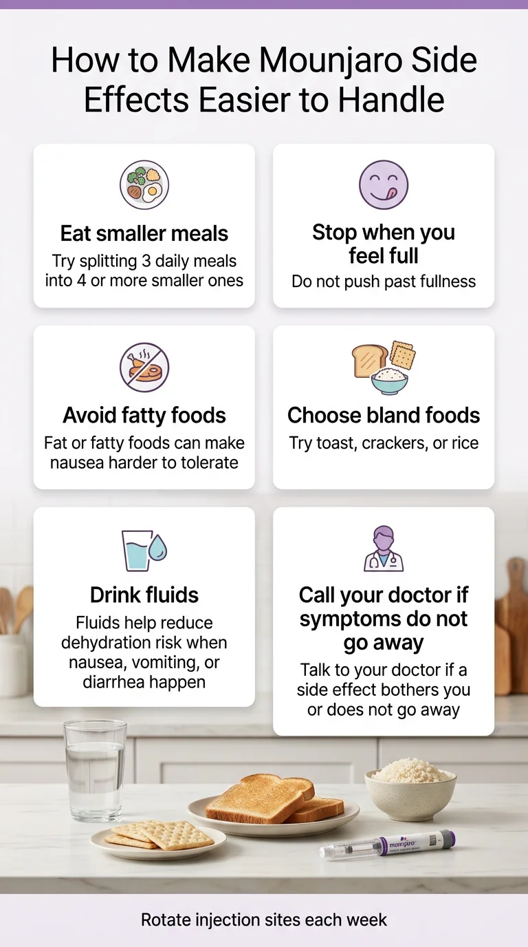 How to make Mounjaro side effects easier to handle: eat smaller meals, stop when you feel full, avoid fatty foods, choose bland foods like toast crackers or rice, drink fluids to reduce dehydration risk, call your doctor if symptoms do not go away, rotate injection sites each week