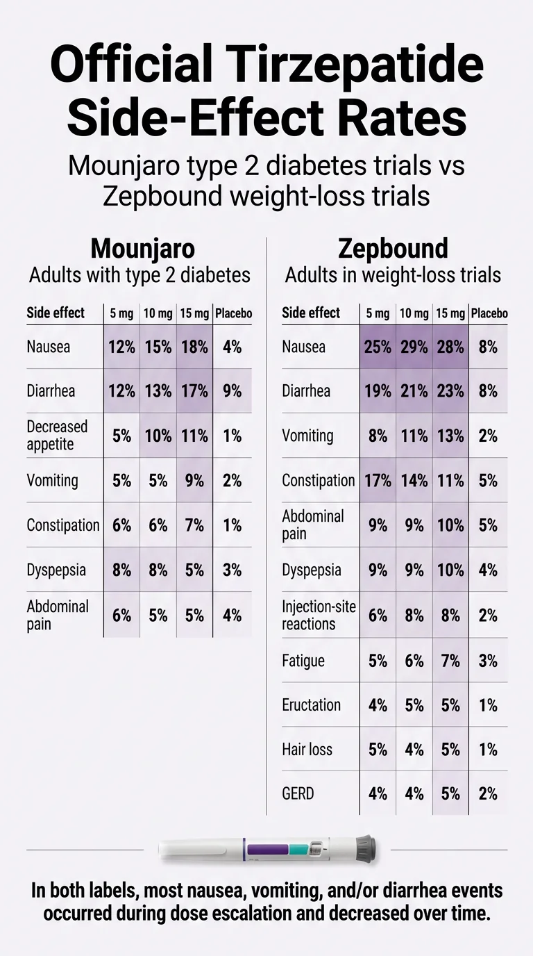 Official tirzepatide side-effect rates comparing Mounjaro type 2 diabetes trials versus Zepbound weight-loss trials, showing nausea, diarrhea, vomiting, constipation, and other GI symptoms by dose level