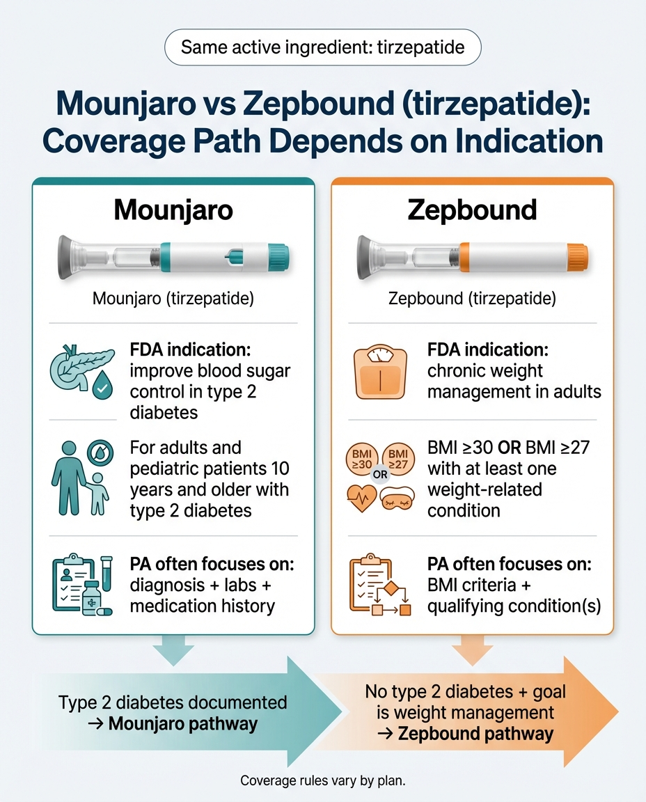 Mounjaro vs Zepbound tirzepatide coverage comparison - FDA indications, PA focus areas, and which pathway to take based on your diagnosis