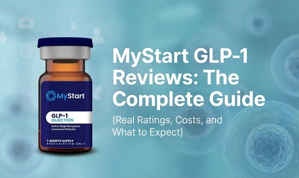 MyStart GLP-1 Reviews illustration: Complete 2026 guide showing mockup of medication vial with ratings and costs breakdown