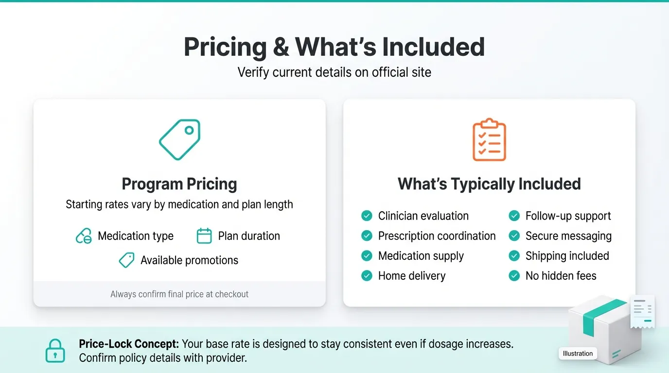 MyStart Health pricing breakdown showing program pricing starting rates by medication type and plan duration, plus what's typically included: clinician evaluation, prescription coordination, medication supply, home delivery, follow-up support, secure messaging, shipping included, and no hidden fees