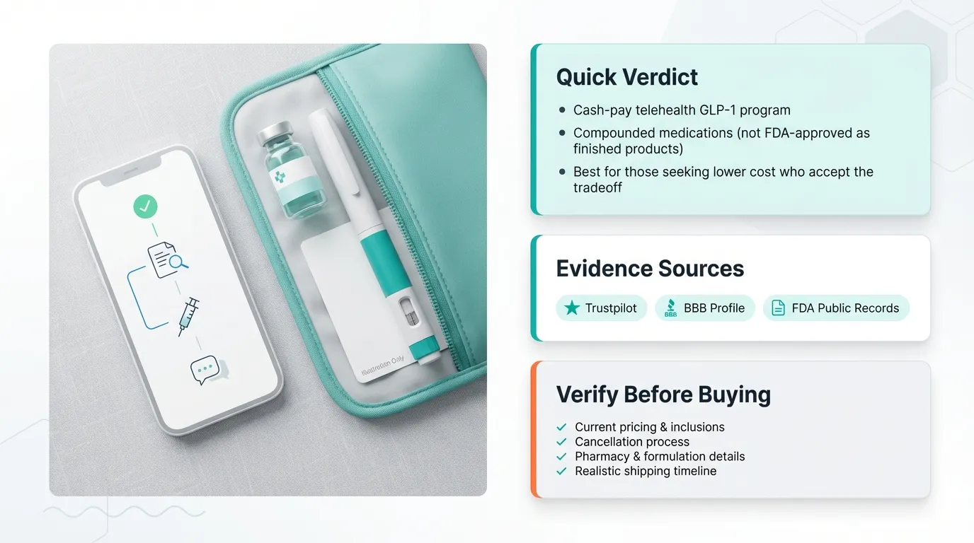 MyStart Health quick verdict infographic showing evidence sources from Trustpilot, BBB Profile, and FDA Public Records with verification checklist