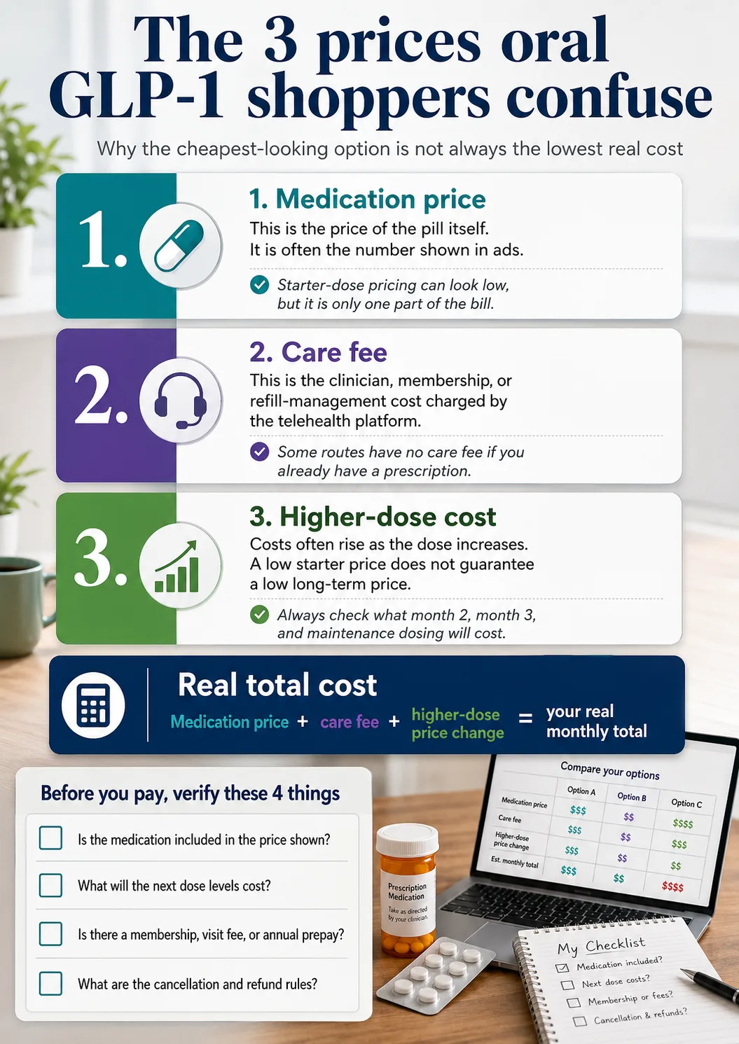 The 3 prices oral GLP-1 shoppers confuse infographic. Headline: 'The 3 prices oral GLP-1 shoppers confuse — Why the cheapest-looking option is not always the lowest real cost.' Number 1: Medication price — This is the price of the pill itself. It is often the number shown in ads. Starter-dose pricing can look low, but it is only one part of the bill. Number 2: Care fee — This is the clinician, membership, or refill-management cost charged by the telehealth platform. Some routes have no care fee if you already have a prescription. Number 3: Higher-dose cost — Costs often rise as the dose increases. A low starter price does not guarantee a low long-term price. Always check what month 2, month 3, and maintenance dosing will cost. Bottom panel: 'Real total cost = Medication price plus care fee plus higher-dose price change equals your real monthly total.' Checklist panel 'Before you pay, verify these 4 things': Is the medication included in the price shown? What will the next dose levels cost? Is there a membership, visit fee, or annual prepay? What are the cancellation and refund rules? Right side shows a comparison table labeled Option A, Option B, Option C with medication price, care fee, higher-dose price change, and estimated monthly total rows filled with dollar-sign indicators.