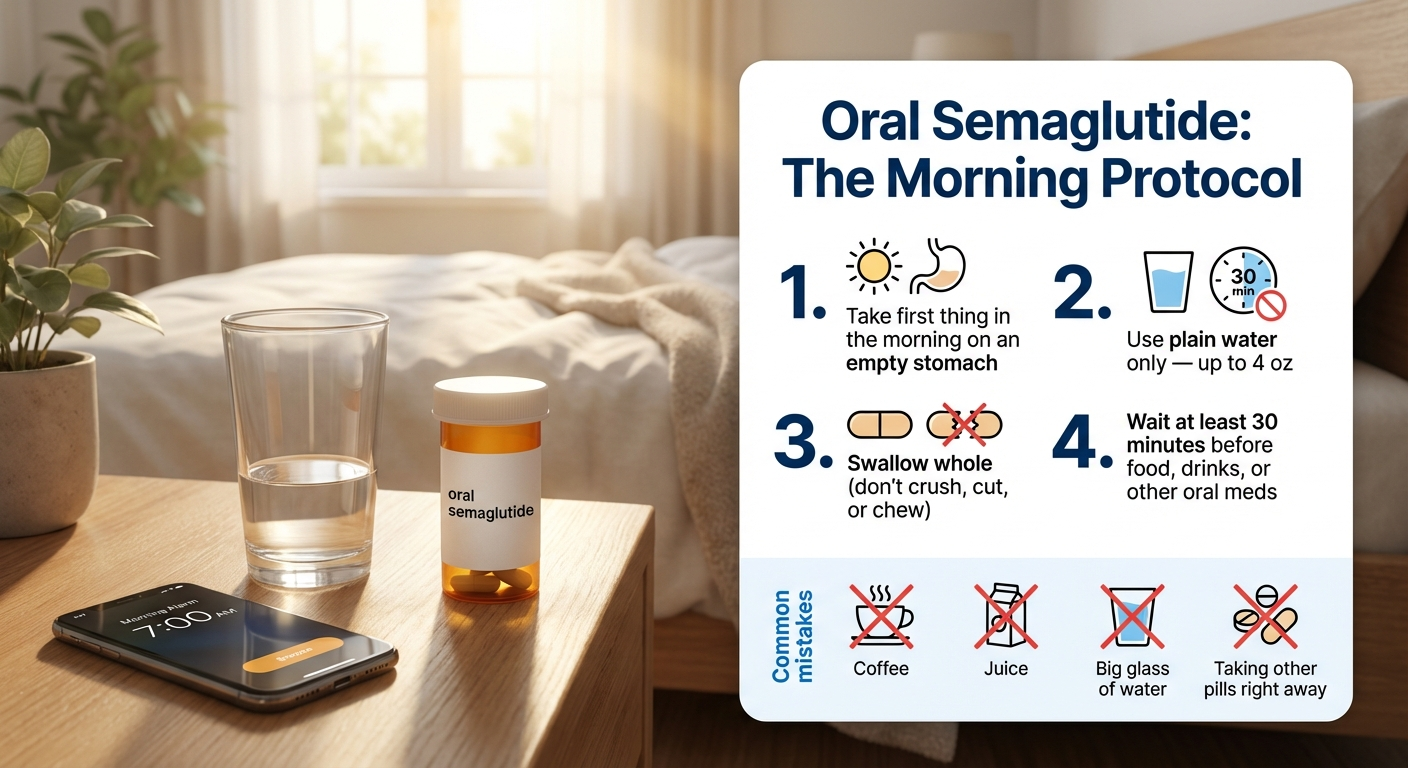Oral semaglutide morning protocol showing empty stomach, small sip of water, and 30-minute wait before eating