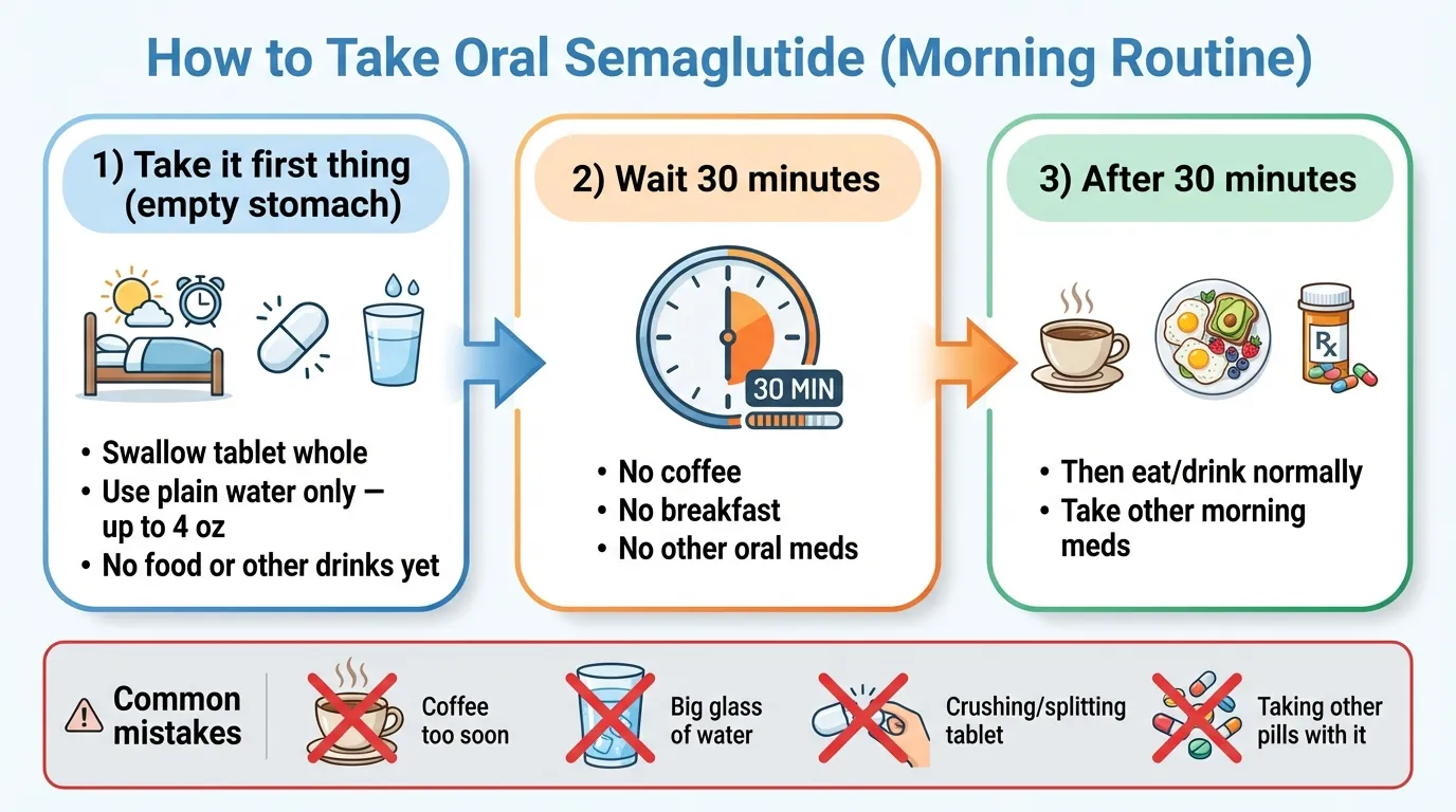How to take oral semaglutide correctly: morning routine infographic showing empty stomach dosing, small water amount, and 30-minute wait