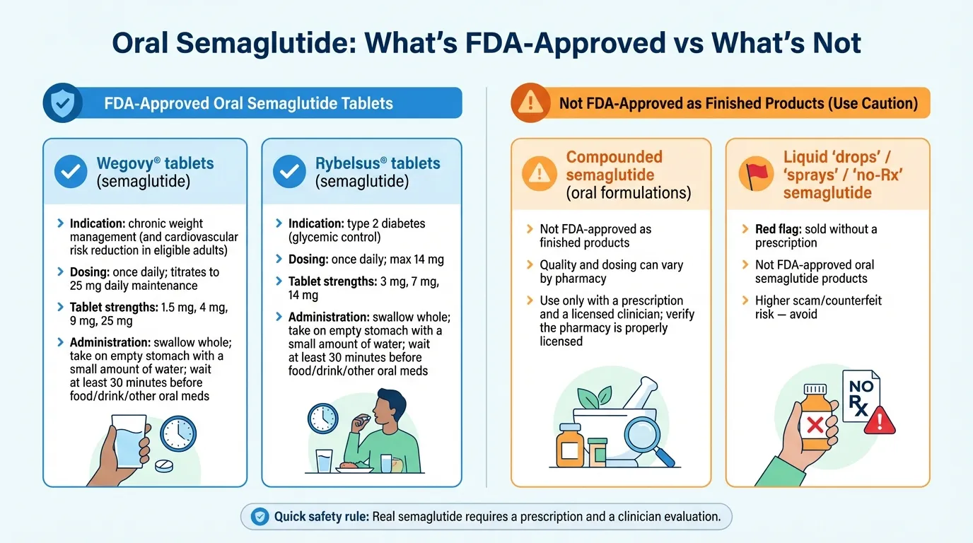 Infographic showing FDA-approved oral semaglutide options (Wegovy tablets for weight loss and Rybelsus for diabetes) vs non-FDA-approved products and red flags