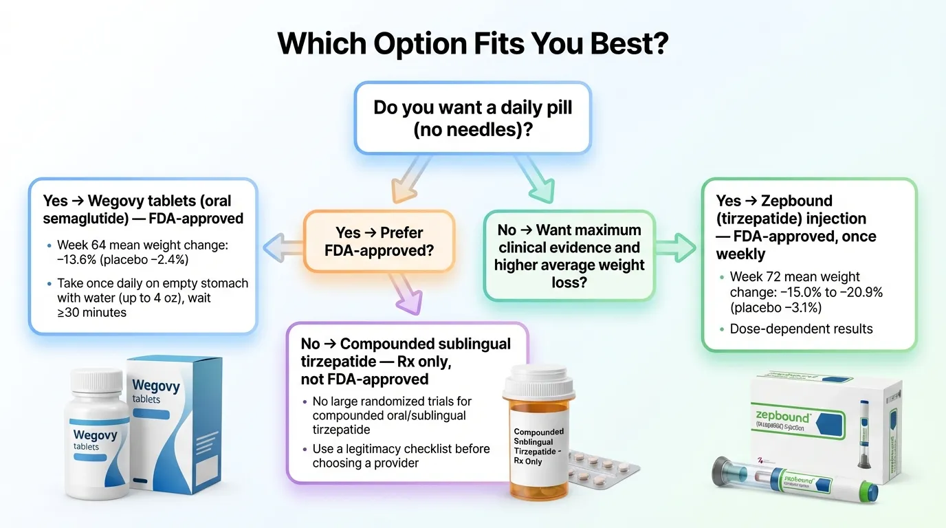 Decision flowchart helping users choose between oral and injectable tirzepatide based on their priorities