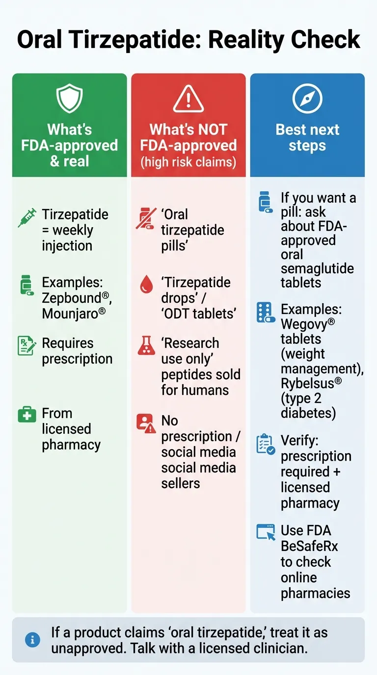 Oral Tirzepatide Reality Check: FDA-approved vs not approved products comparison infographic