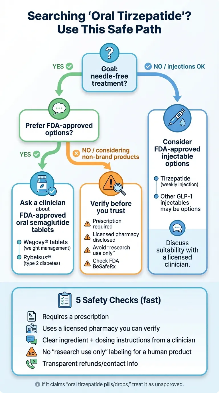 Searching for Oral Tirzepatide? Use This Safe Path - decision flowchart for FDA-approved GLP-1 options
