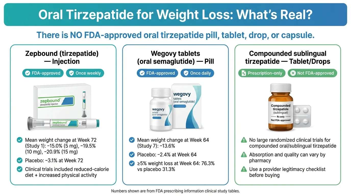 Comparison infographic showing legitimate oral tirzepatide options versus red flag products to avoid