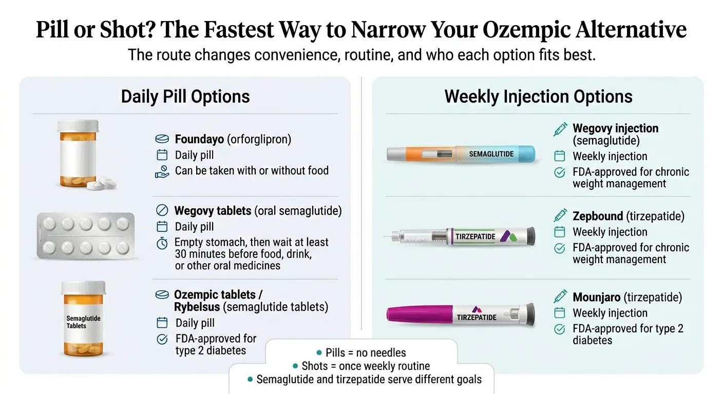 Pill or Shot? The Fastest Way to Narrow Your Ozempic Alternative. Daily pill options: Foundayo (orforglipron) — once daily, with or without food; Wegovy tablets — morning empty stomach 30-min wait; Ozempic tablets/Rybelsus — morning empty stomach 30-min wait, FDA-approved for type 2 diabetes. Weekly injection options: Wegovy injection (semaglutide) — FDA-approved chronic weight management; Zepbound (tirzepatide) — FDA-approved chronic weight management; Mounjaro (tirzepatide) — FDA-approved type 2 diabetes.