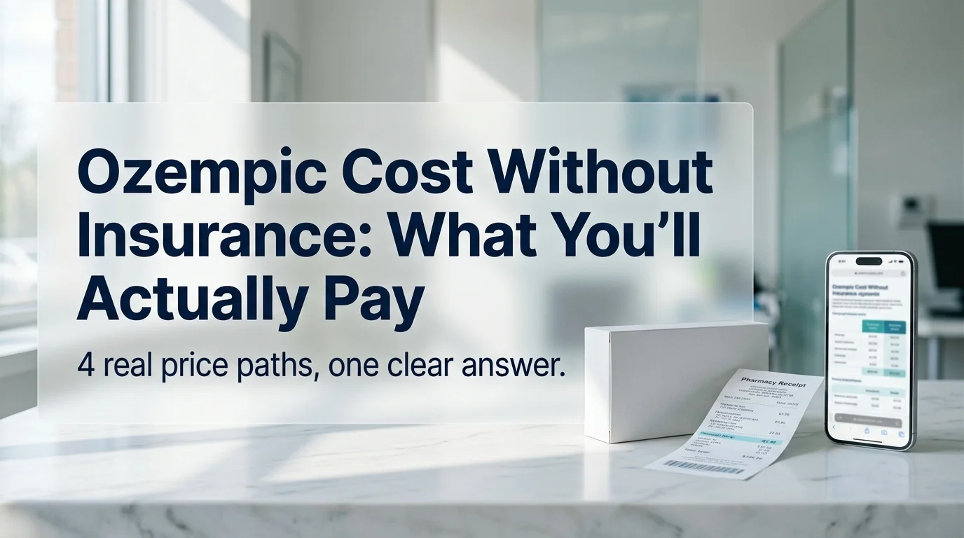 Ozempic Cost Without Insurance: What You'll Actually Pay — 4 real price paths, one clear answer. Pharmacy receipt and pricing comparison on phone displayed on marble counter.
