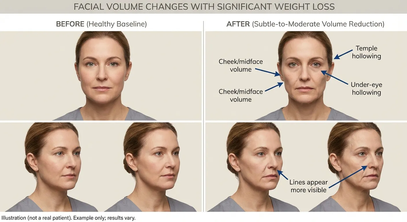 Ozempic face before and after comparison showing facial volume changes with significant weight loss - front and side views demonstrating cheek/midface volume loss, temple hollowing, under-eye hollowing, and more visible lines after weight loss