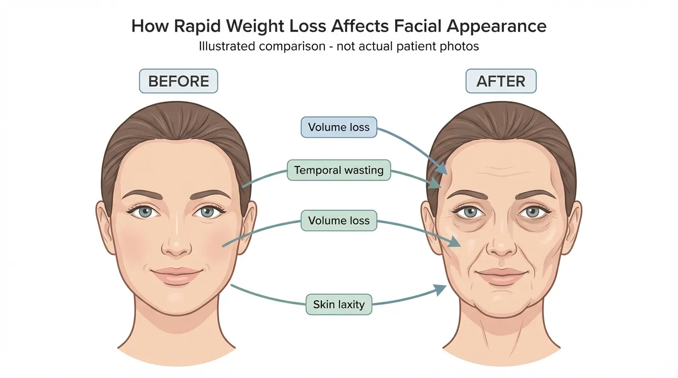 Illustrated before and after comparison showing how rapid weight loss affects facial appearance, with labels pointing to volume loss in cheeks, temporal wasting in temples, and skin laxity along jawline