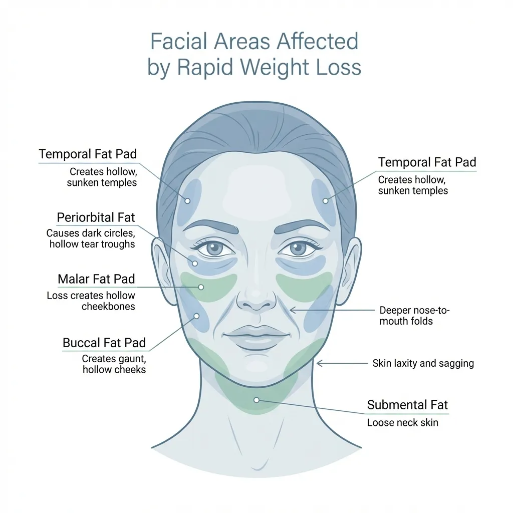 Medical diagram showing facial fat pad locations affected by Ozempic face, including temporal fat pads (temples), periorbital fat (under eyes causing dark circles), malar fat pads (cheeks), buccal fat pads (lower cheeks), and submental fat (neck)
