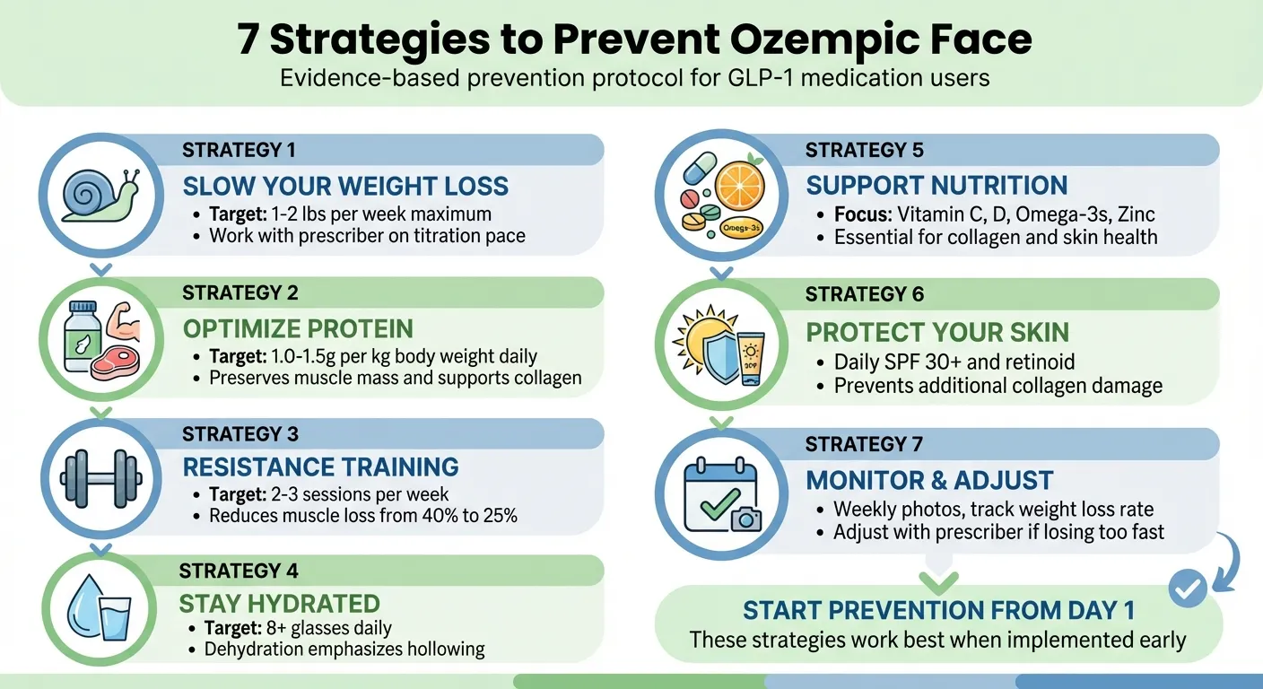 Infographic showing evidence-based strategies to help prevent Ozempic face: slower weight loss, adequate protein intake, regular strength training, hydration, nutritional support, skin protection with SPF and retinoid, and monitoring progress