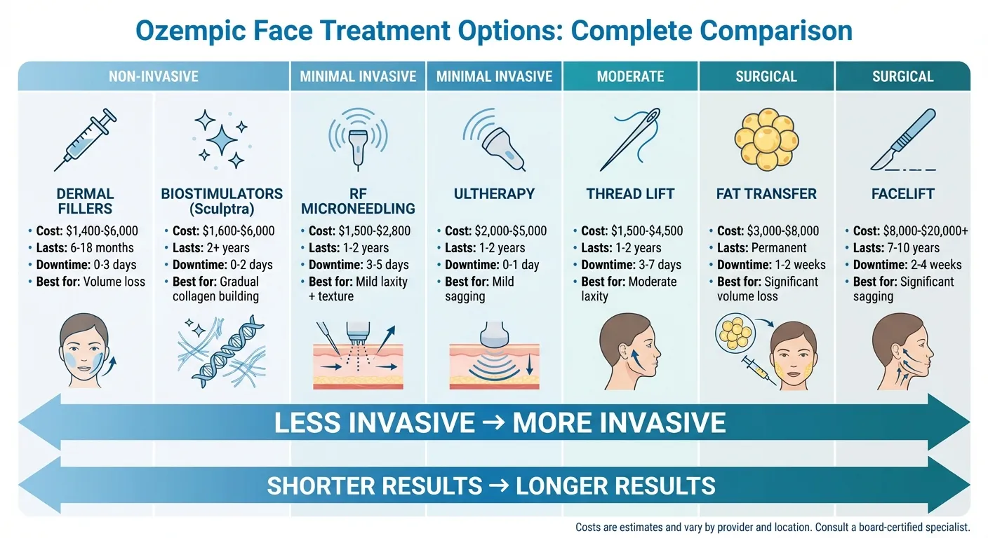Complete comparison infographic of Ozempic face treatment options from least to most invasive: dermal fillers ($1,400-$6,000, 6-18 months), biostimulators like Sculptra ($1,600-$6,000, 2+ years), RF microneedling ($1,500-$2,800, 1-2 years), Ultherapy ($2,000-$5,000, 1-2 years), thread lift ($1,500-$4,500, 1-2 years), fat transfer ($3,000-$8,000, long-lasting), facelift ($8,000-$20,000+, 7-10 years)