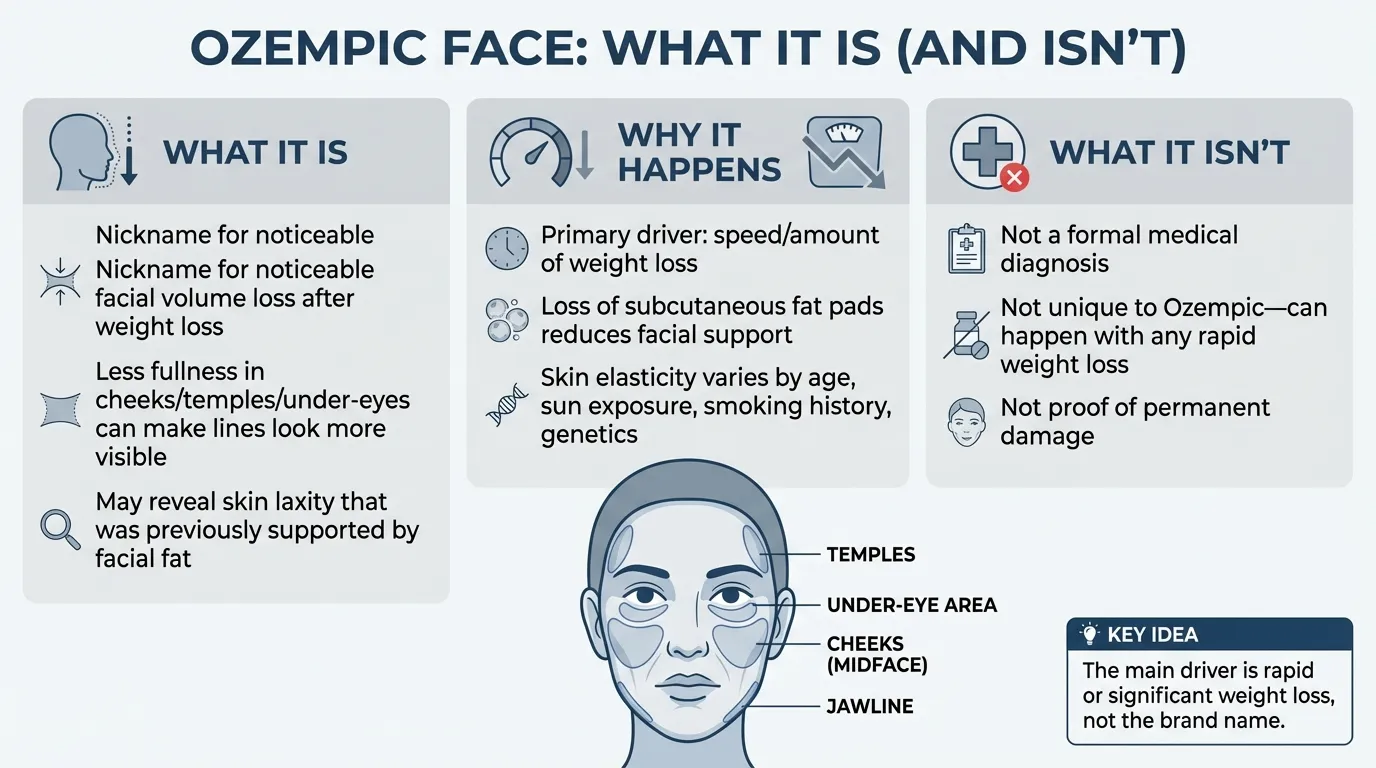 Ozempic Face infographic explaining what it is (facial volume loss after weight loss), why it happens (rapid weight loss, fat pad depletion, skin laxity), and what it isn't (not a medical diagnosis, not unique to Ozempic, not permanent damage)