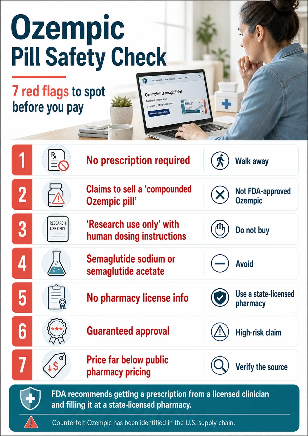 Ozempic pill safety check: 7 red flags to spot before you pay. 1: No prescription required — walk away. 2: Compounded Ozempic pill claims — not FDA-approved Ozempic. 3: Research use only with human dosing instructions — do not buy. 4: Semaglutide sodium or acetate — avoid. 5: No pharmacy license info — use state-licensed pharmacy. 6: Guaranteed approval — high-risk claim. 7: Price far below public pharmacy pricing — verify the source. FDA recommends getting a prescription from a licensed clinician and filling it at a state-licensed pharmacy.