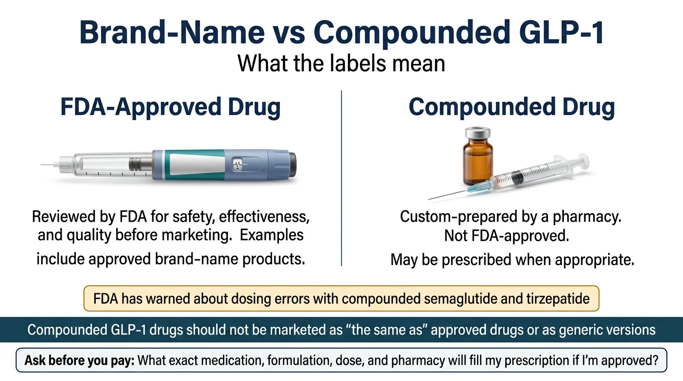 Brand-name vs compounded GLP-1: FDA-approved drugs are reviewed for safety, effectiveness, and quality before marketing; compounded drugs are custom-prepared by a pharmacy and not FDA-approved