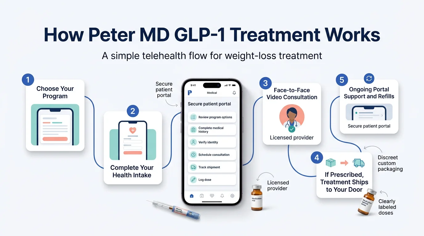 How Peter MD GLP-1 treatment works: 5-step process from choosing your program through health intake, video consultation, medication shipment, to ongoing portal support and refills