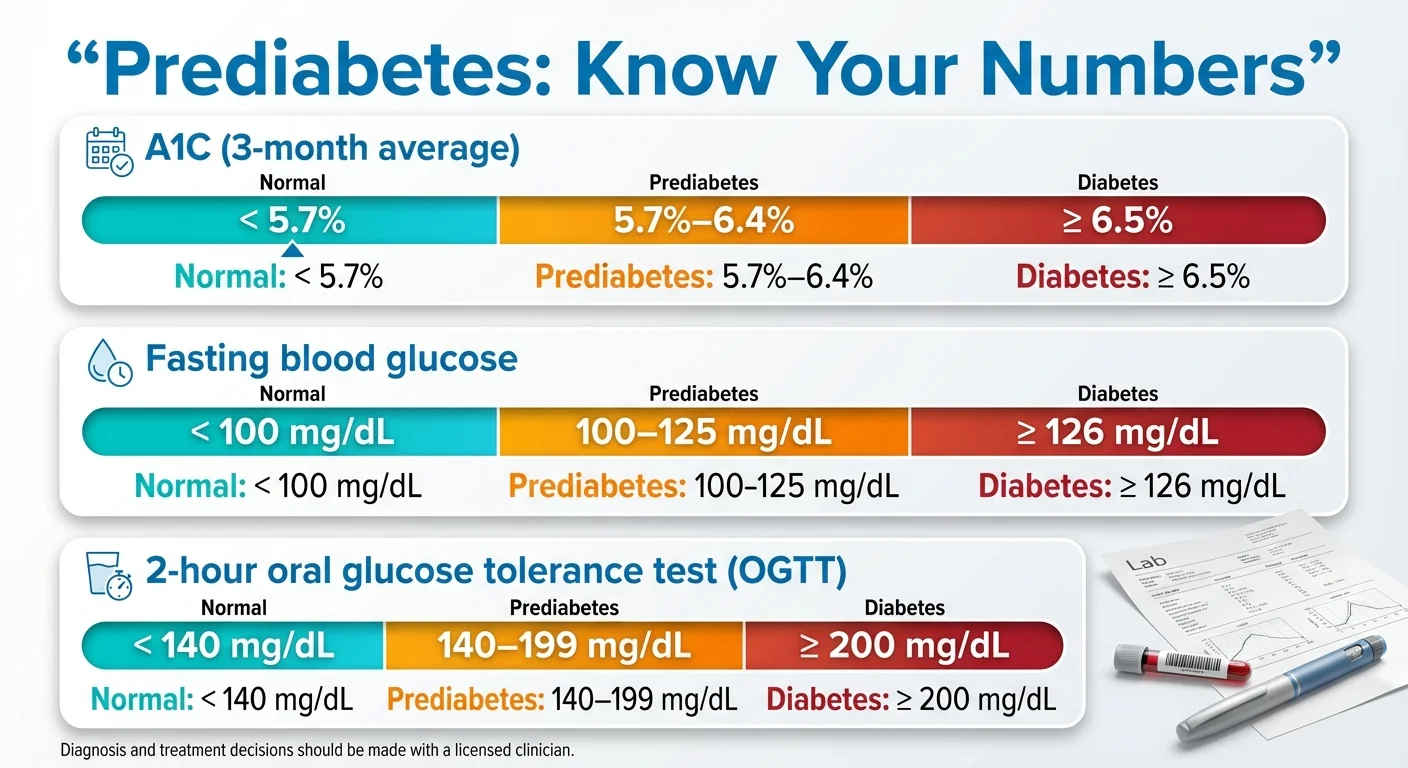 Prediabetes Know Your Numbers chart showing A1C, fasting blood glucose, and oral glucose tolerance test ranges for normal, prediabetes, and type 2 diabetes