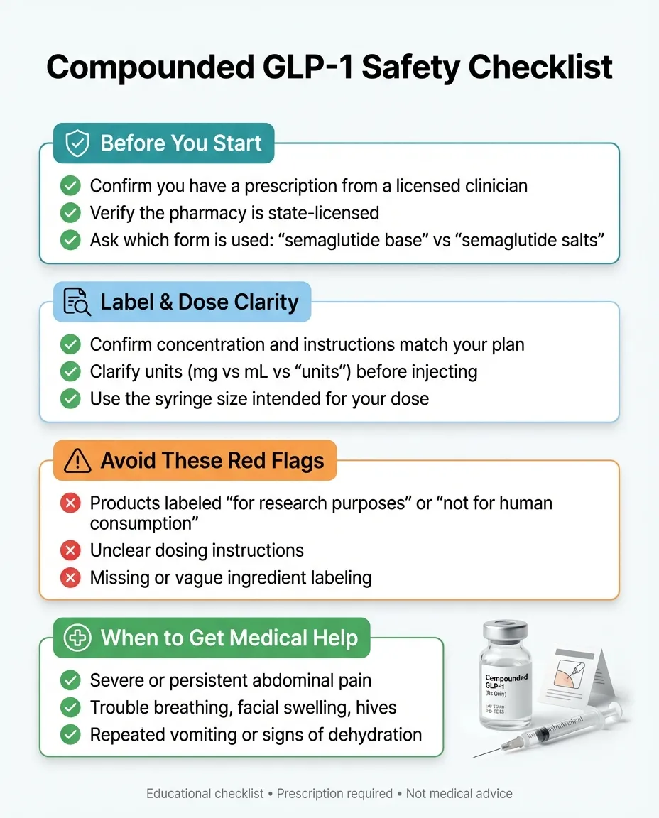 Compounded GLP-1 safety checklist - before you start, label clarity, red flags to avoid, when to get help