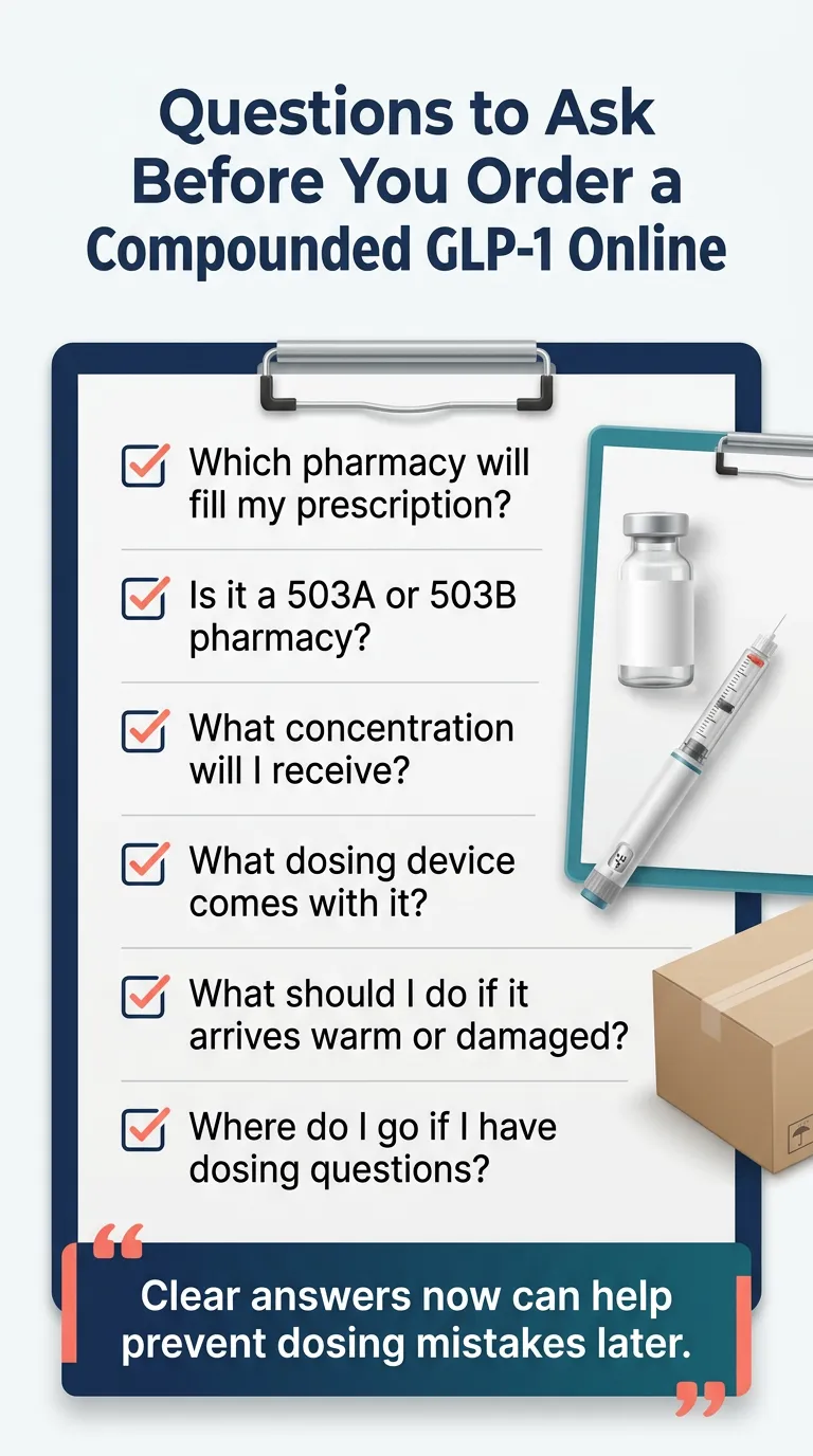 Questions to ask before ordering compounded GLP-1 medication — pharmacy type, dosing, storage, and provider access checklist