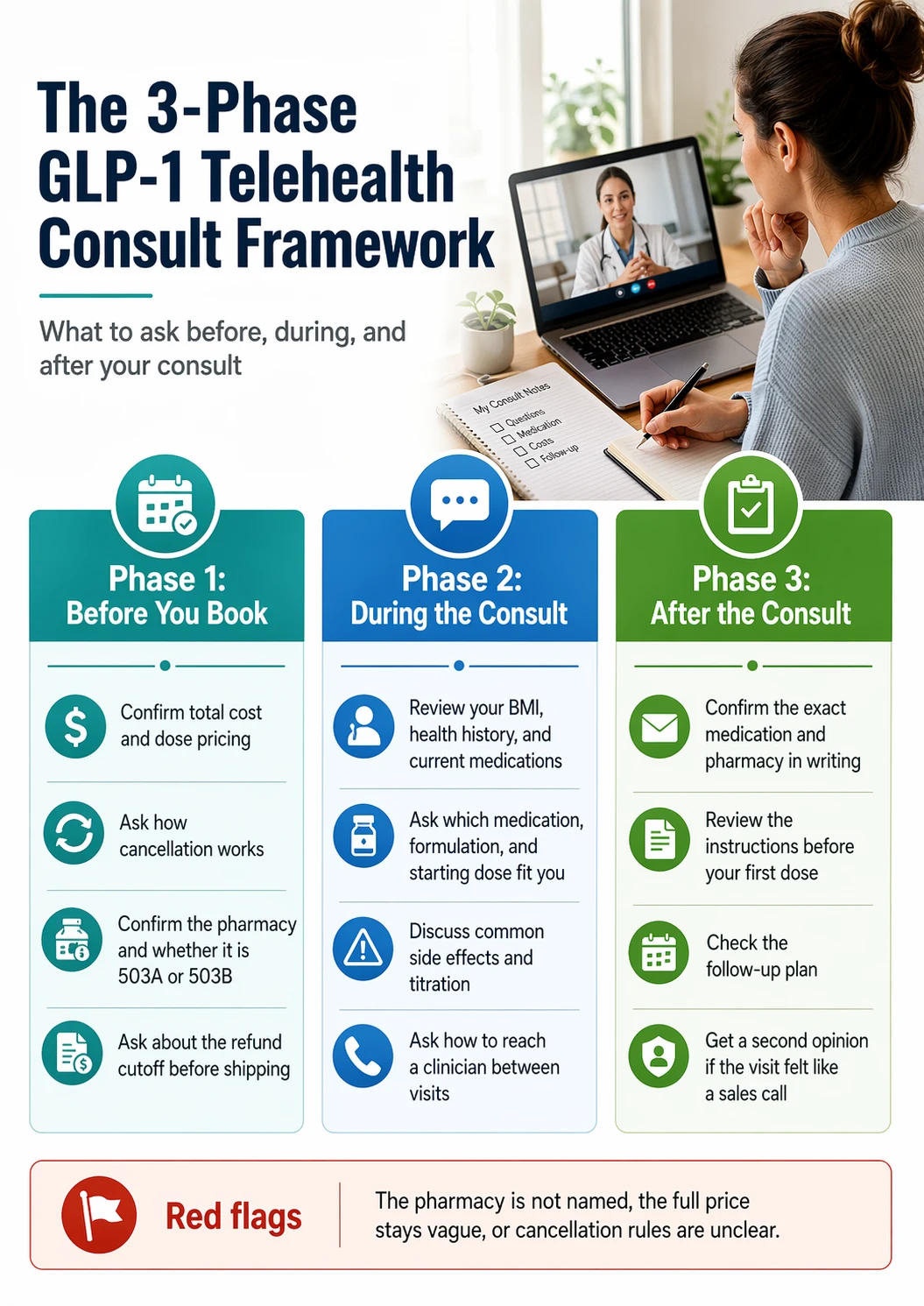 The 3-phase GLP-1 telehealth consult framework: Phase 1 Before You Book — confirm total cost, ask about cancellation, confirm pharmacy type, ask about refund cutoff. Phase 2 During the Consult — review BMI and history, ask about medication and dose, discuss side effects, ask about clinician access. Phase 3 After the Consult — confirm medication and pharmacy in writing, review instructions, check follow-up plan, get a second opinion if it felt like a sales call. Red flags: pharmacy not named, full price stays vague, cancellation rules unclear.