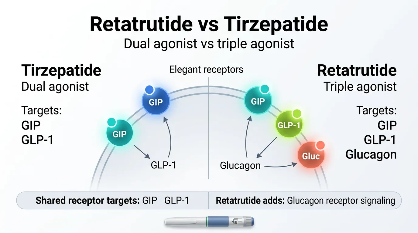 Retatrutide vs tirzepatide receptor comparison showing single, dual, and triple agonist mechanisms