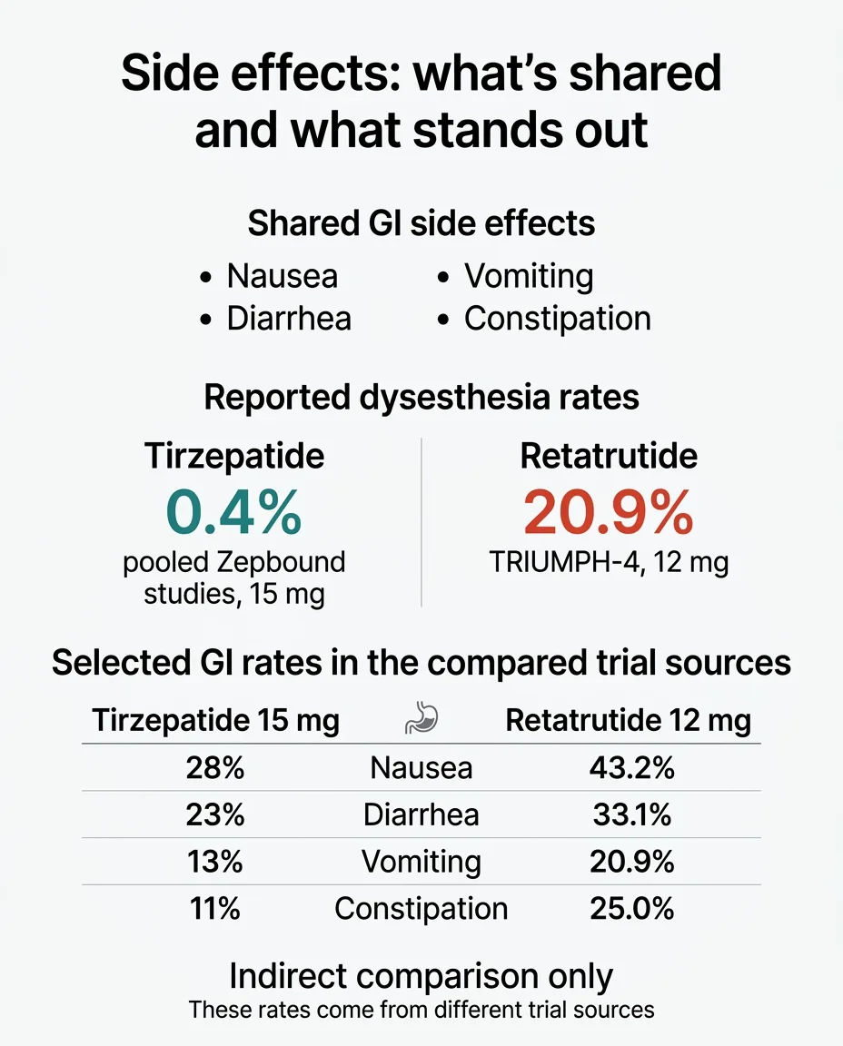 Retatrutide vs tirzepatide side effects comparison including dysesthesia rates