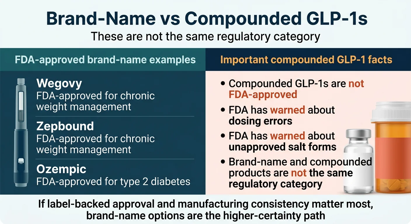 Brand-name vs compounded GLP-1s: FDA-approved brand-name examples include Wegovy, Zepbound, and Ozempic. Compounded GLP-1 facts: they are not FDA-approved, FDA has warned about dosing errors and unapproved salt forms, and they are not the same regulatory category as brand-name.