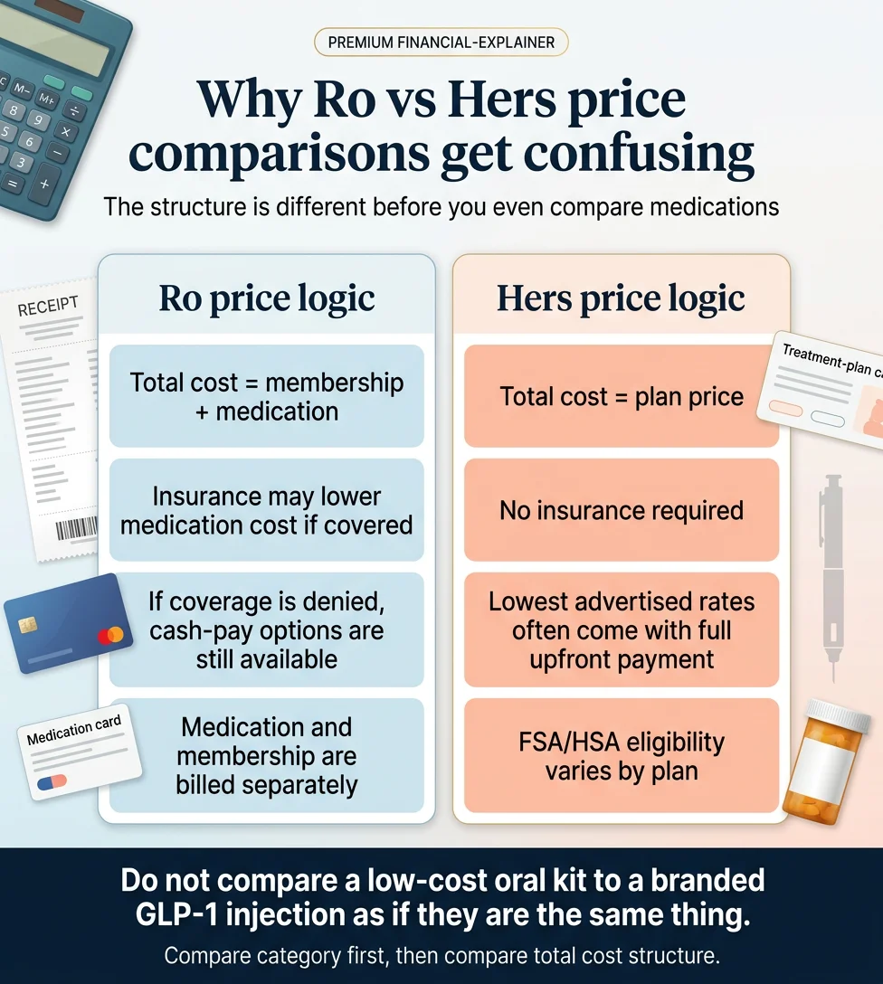 Why Ro vs Hers price comparisons get confusing. The structure is different before you even compare medications. Ro price logic: Total cost equals membership plus medication, insurance may lower medication cost if covered, if coverage is denied cash-pay options are still available, medication and membership are billed separately. Hers price logic: Total cost equals plan price, no insurance required, lowest advertised rates often come with full upfront payment, FSA/HSA eligibility varies by plan. Do not compare a low-cost oral kit to a branded GLP-1 injection as if they are the same thing. Compare category first, then compare total cost structure.