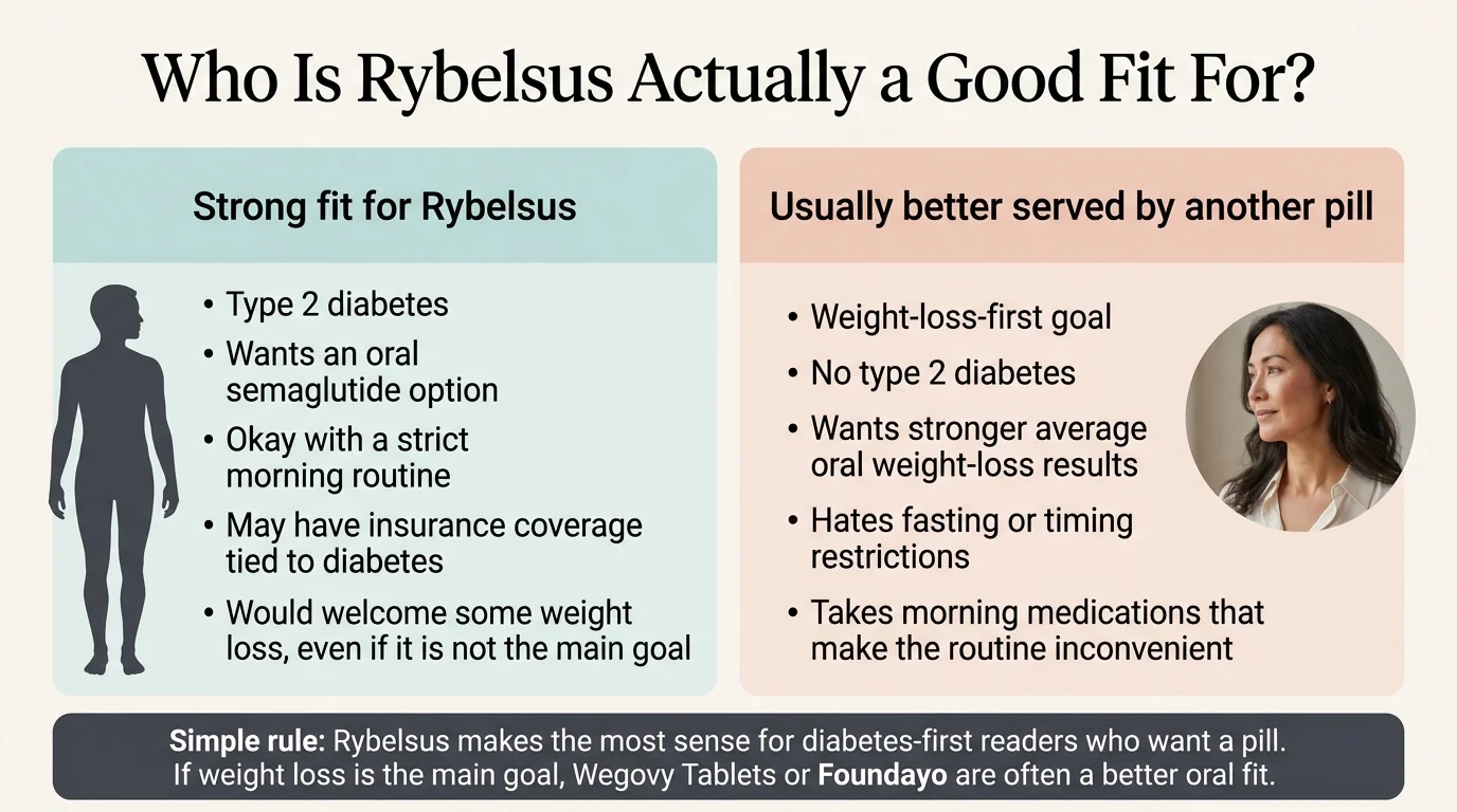 Who is Rybelsus actually a good fit for? Strong fit: type 2 diabetes, wants an oral semaglutide option, okay with a strict morning routine, may have insurance coverage tied to diabetes, would welcome some weight loss even if it's not the main goal. Usually better served by another pill: weight-loss-first goal, no type 2 diabetes, wants stronger average oral weight-loss results, hates fasting or timing restrictions, takes morning medications that make the routine inconvenient. Simple rule: Rybelsus makes the most sense for diabetes-first readers who want a pill. If weight loss is the main goal, Wegovy Tablets or Foundayo are often a better oral fit.
