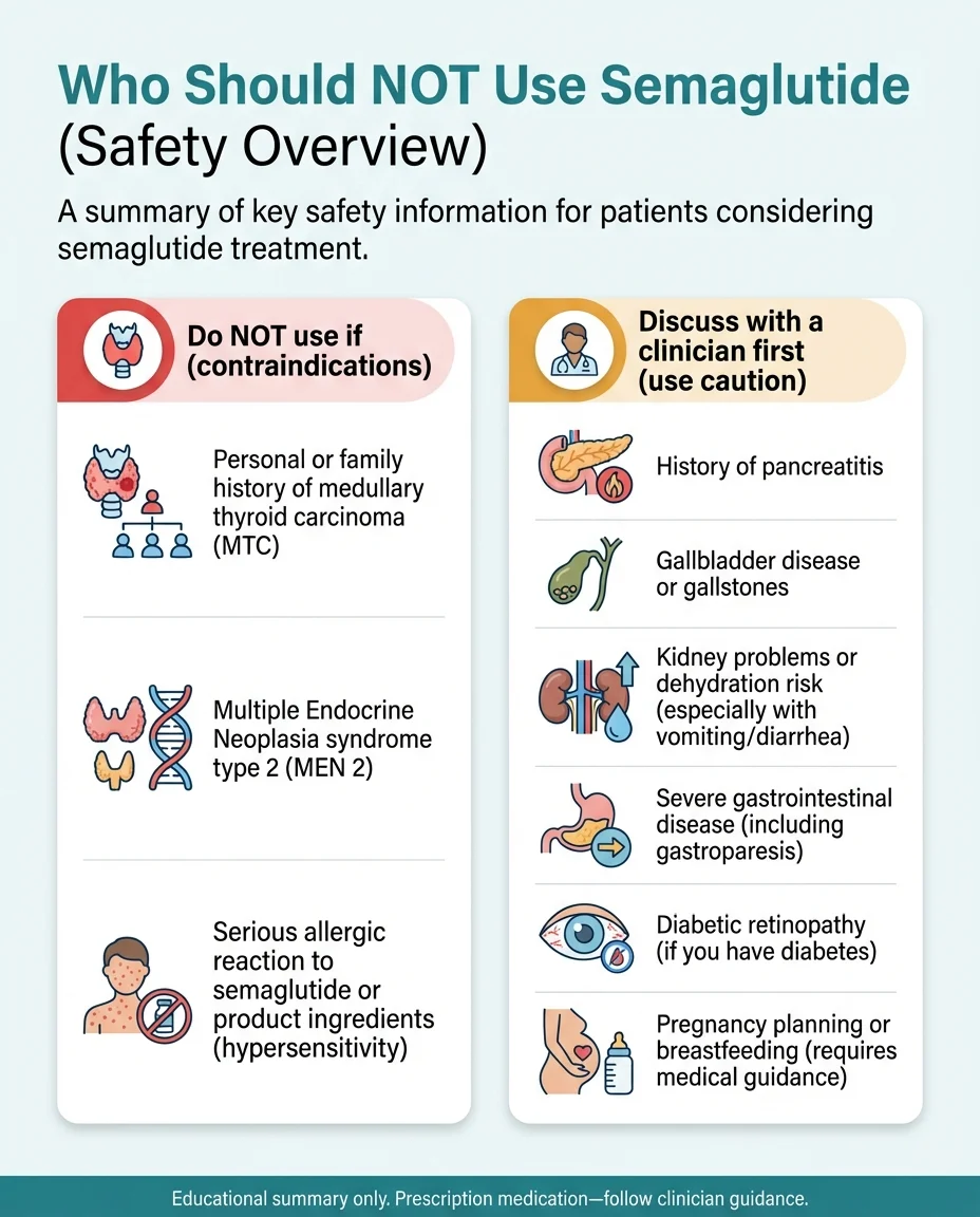 Who should not use semaglutide: contraindications including MTC, MEN 2, hypersensitivity vs precautions like pancreatitis, kidney problems, gastroparesis